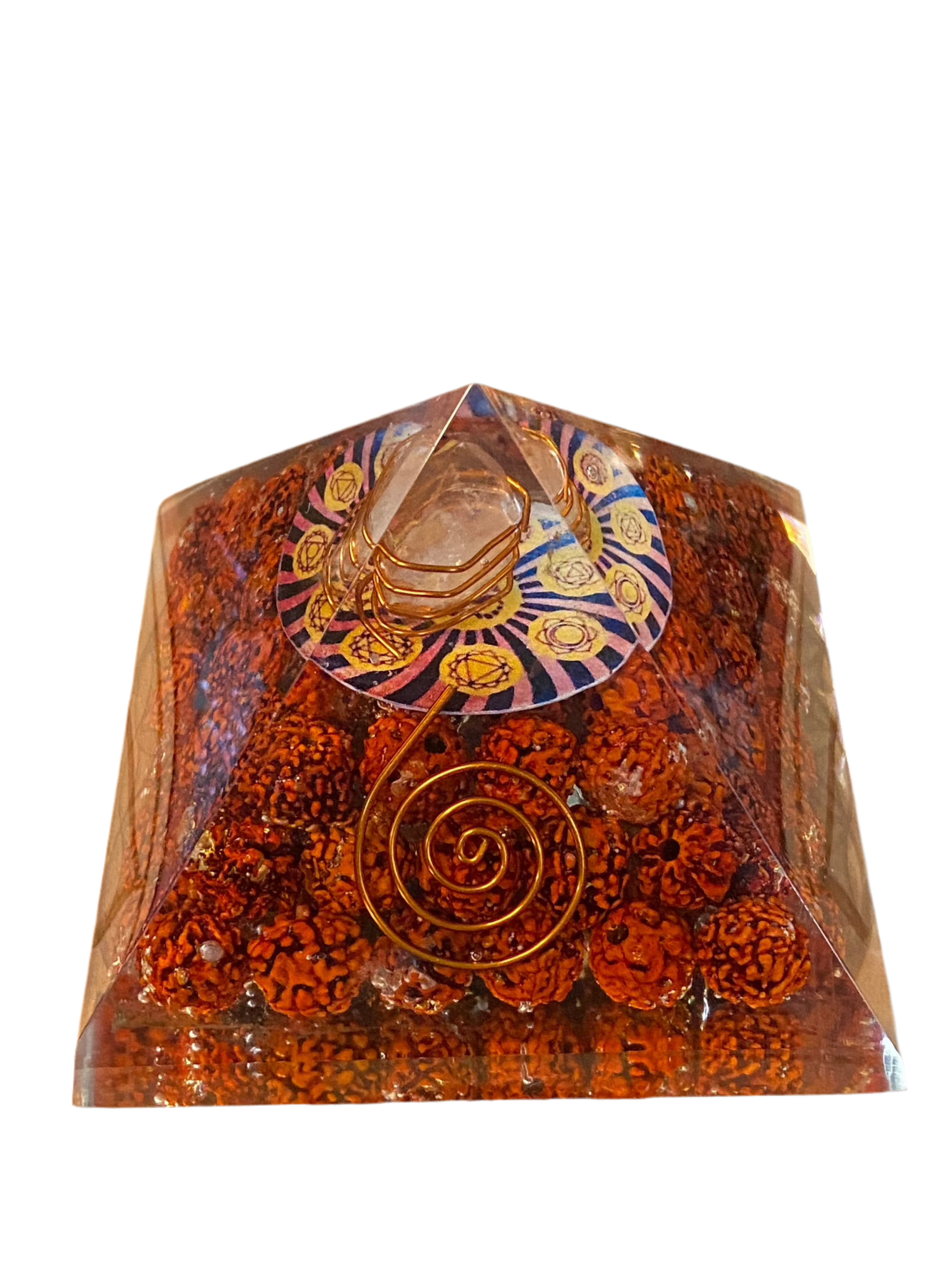 Rudraksha Seeds Orgonite Pyramid Om Talisman with Reiki Coil and Clear Quartz.