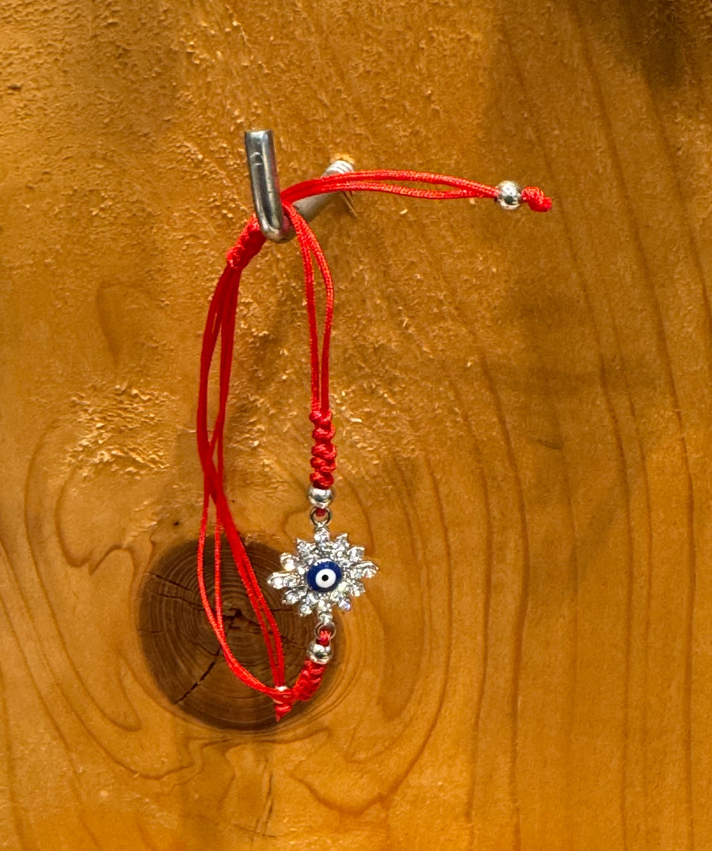 Red String Pull Tie Bracelet Silver Flower Blue Evil Eye Charm and Beads
