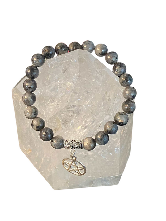 Larvikite Gemstone Bracelet with Pentacle Charm, enhancing style with grounding and protective energy.