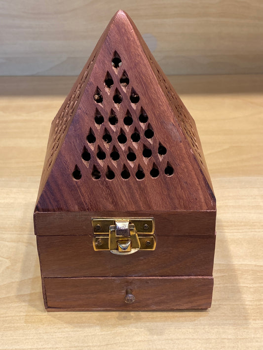 Wooden Pyramid Cone and Charcoal Burner with Storage Net Carving