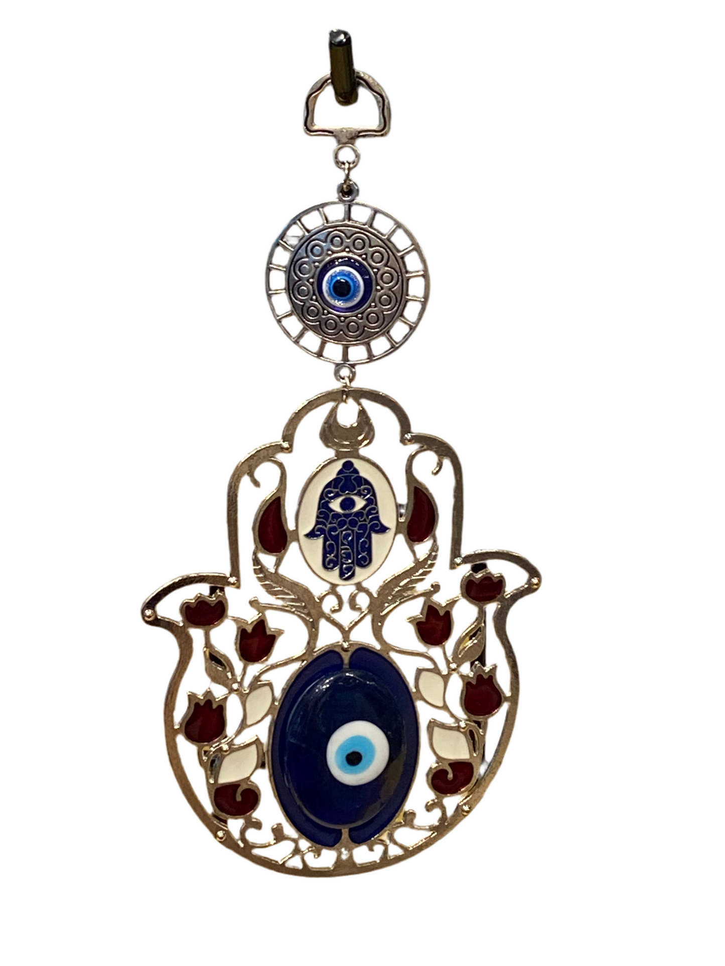 Blue Hand of Fatima with Red Flowers talisman featuring evil eye amulet for protection and decoration.