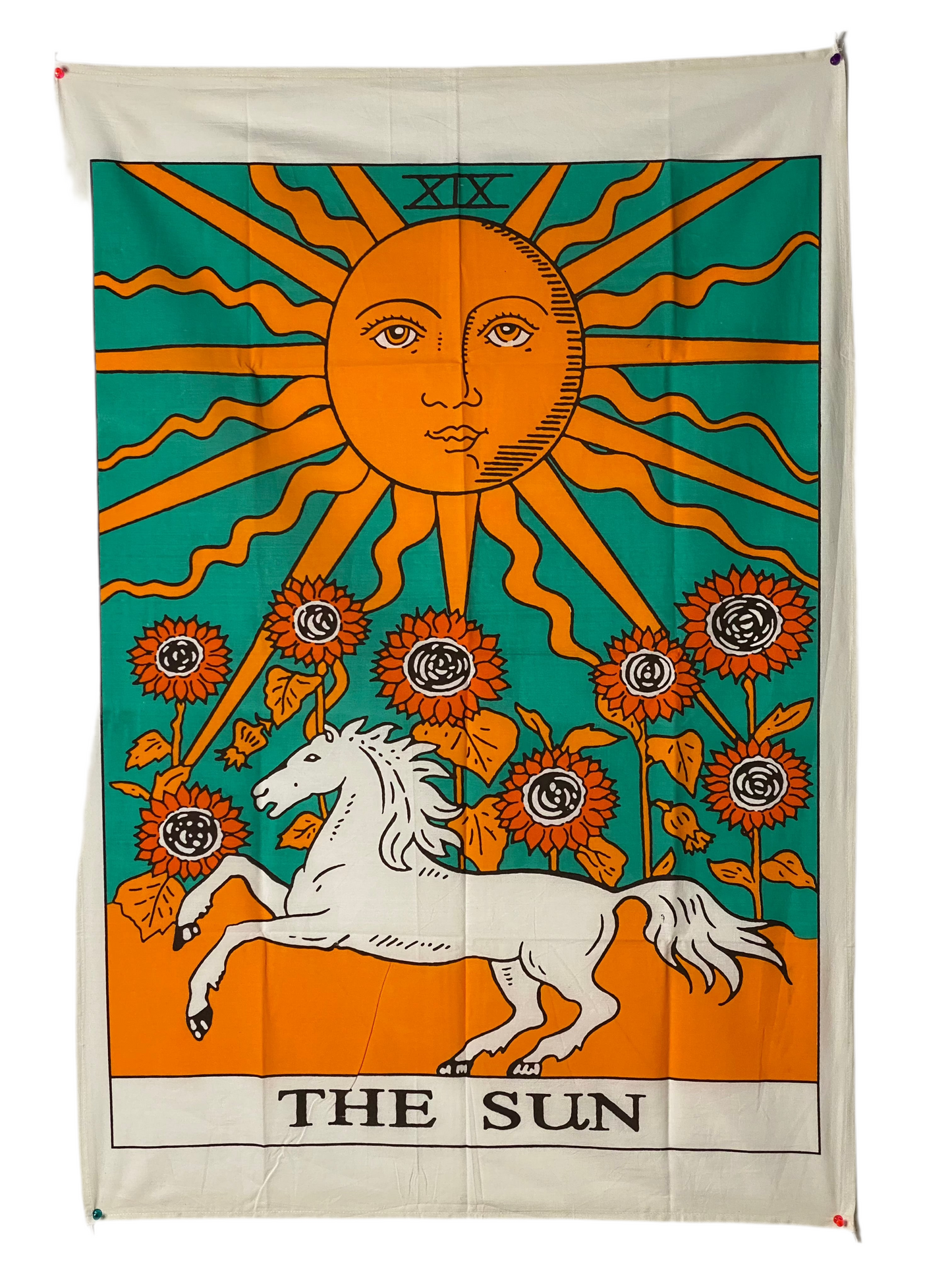 Rider Tarot Tapestry featuring "The Sun" card design, symbolizing good fortune and harmony.