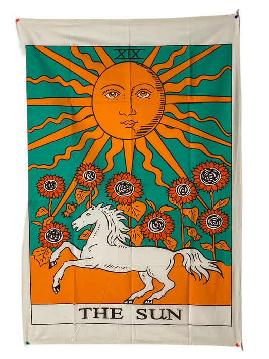 Rider Tarot Tapestry featuring "The Sun" card design, symbolizing good fortune and harmony.