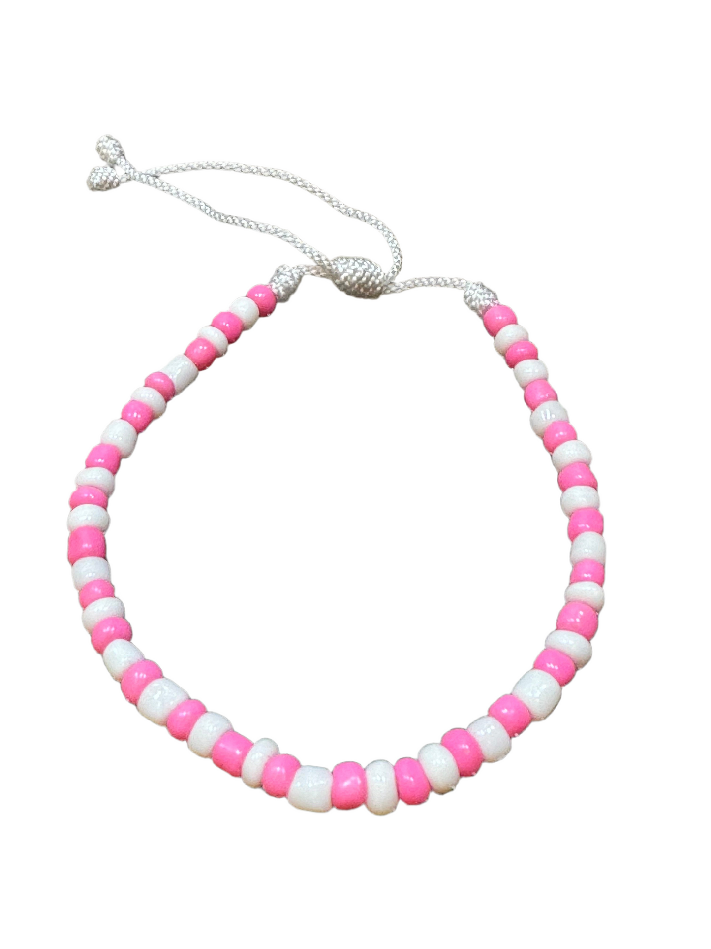 Handmade Pull Tie Beaded String Pink and White Bracelet