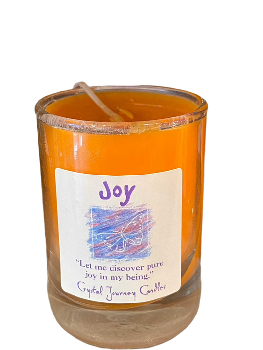 Joy Crystal Journey Filled Glass Votive candle with uplifting floral and sandalwood essence.