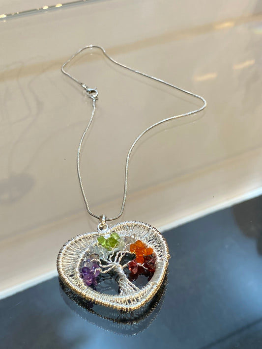 Wire Wrapped 7 Chakra Gemstone Chips Tree of Life Pendant with Silver Necklace