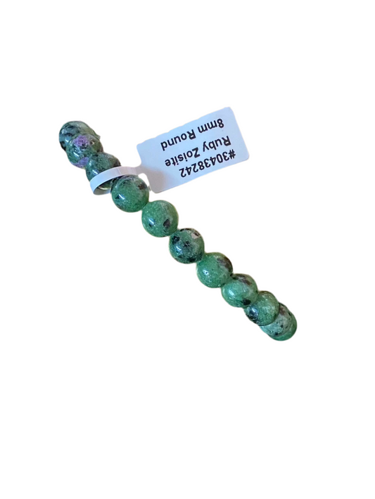Ruby Zoisite Gemstone Bracelet 8mm with vibrant green and pink beads.