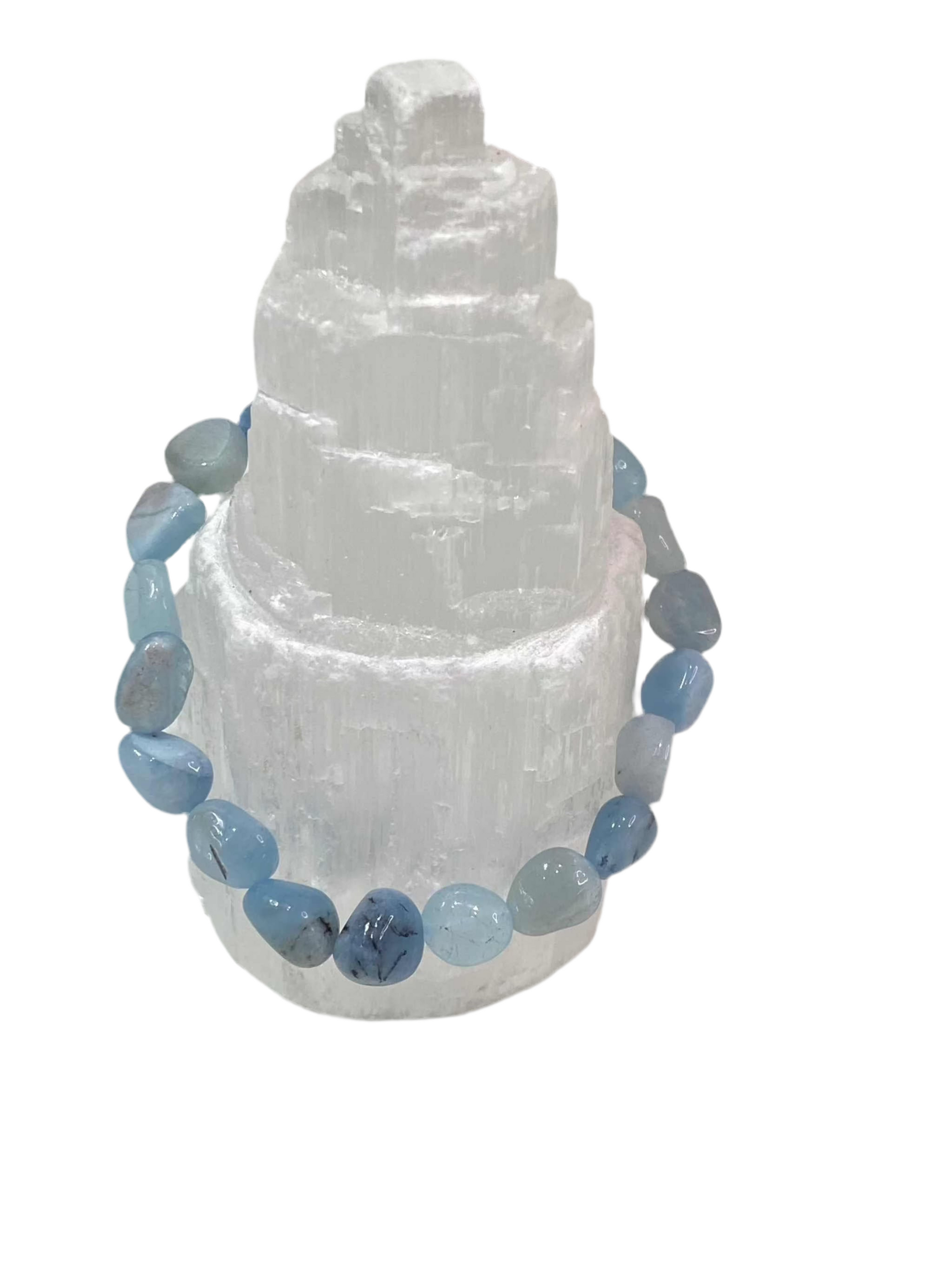 Aquamarine Polished Chips Beaded Bracelet on white display, showcasing serene light blue tones.