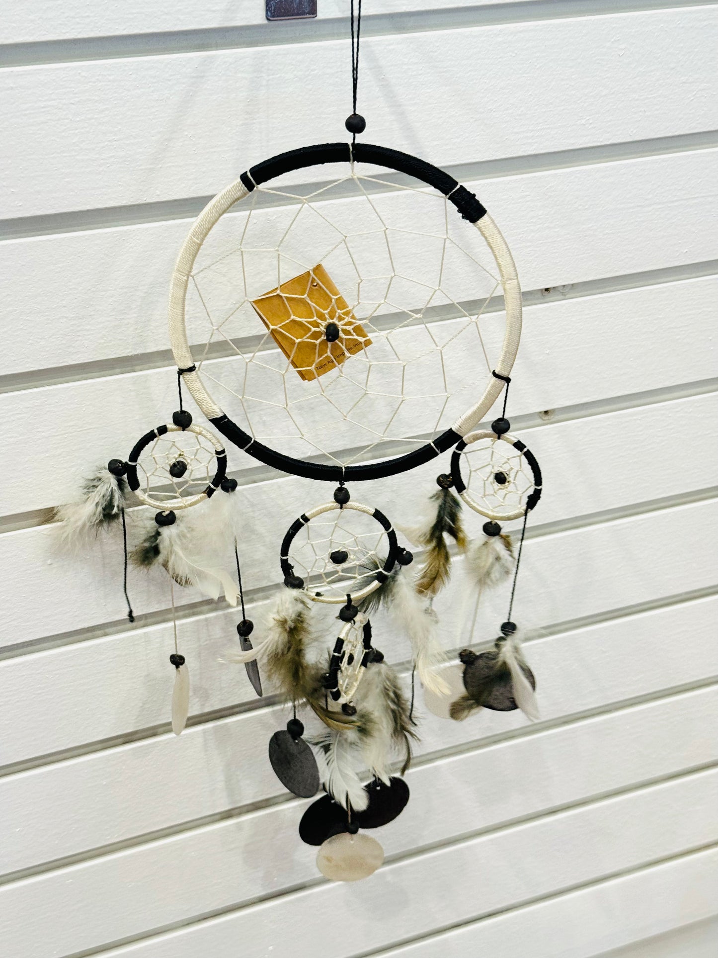 6" Black and White Dream Catcher with Feathers, Capis Shell and Beads