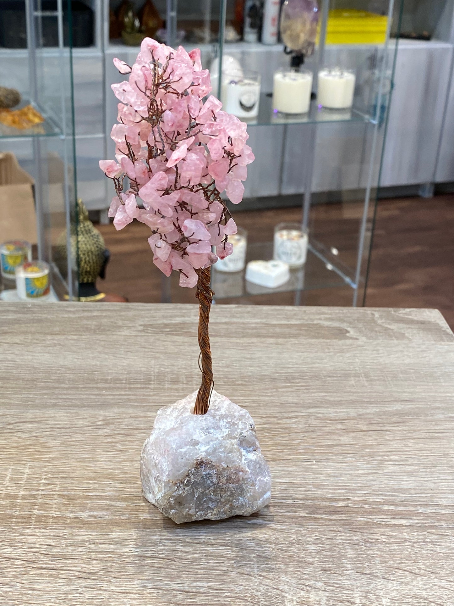 Gemstone Crystal Rose Quartz Copper Wire Tree on Clear Quartz Cluster