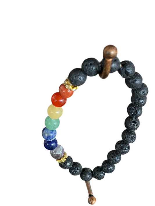 Lava Rock Chakra Gemstone Bracelet with colorful chakra beads for strength and tranquility.