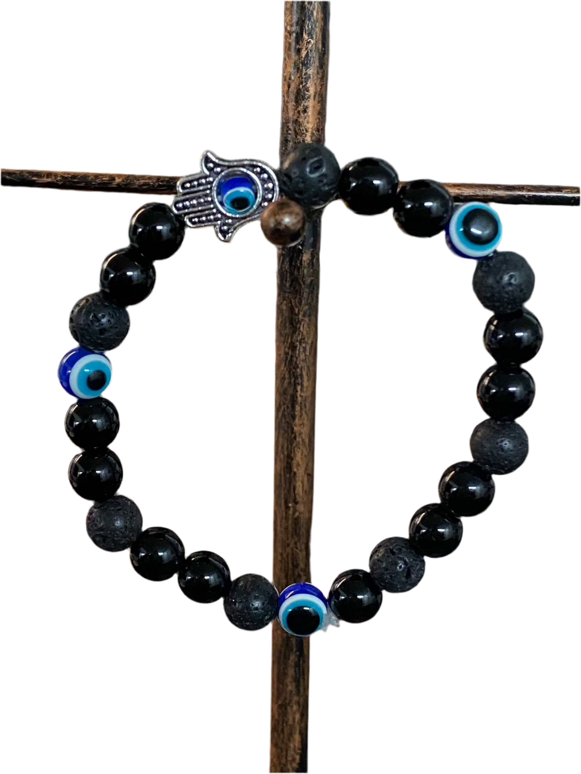 Black Obsidian Lava Rock Evil Eye Bracelet with Hamsa charm featuring black beads.