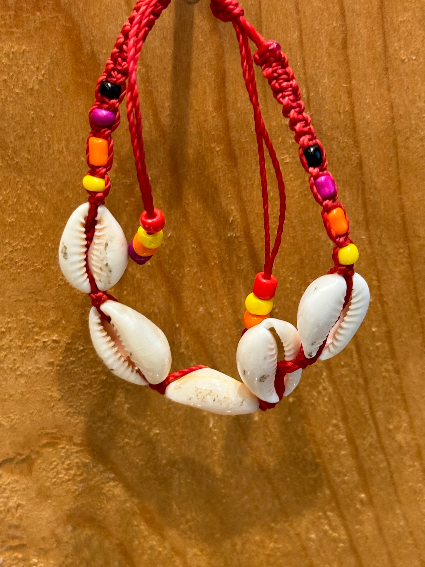 Handmade Deep Red String Bracelet With Cowrie Shells and Beads