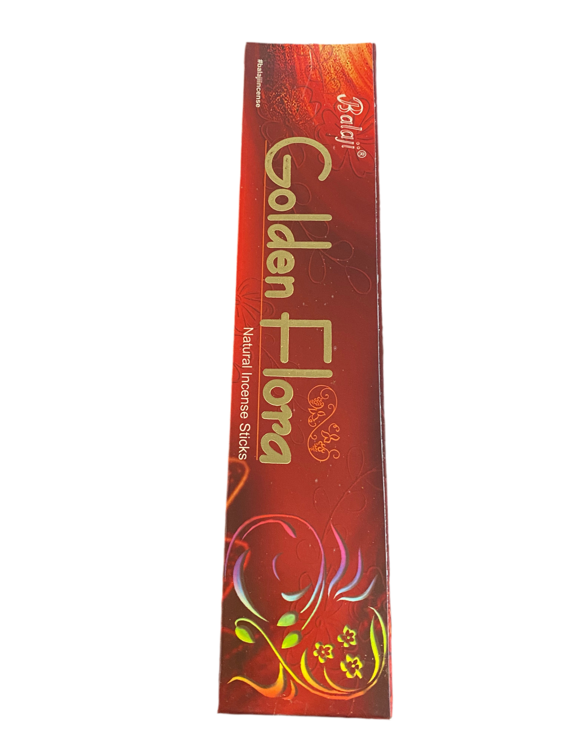 Balaji Golden Flora Incense Sticks package with luxurious floral aroma branding.