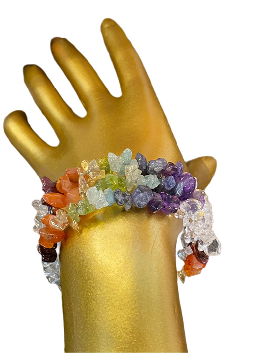 7 Chakra Quartz Elegant Cuff with colorful quartz stones balancing energy on a mannequin hand.
