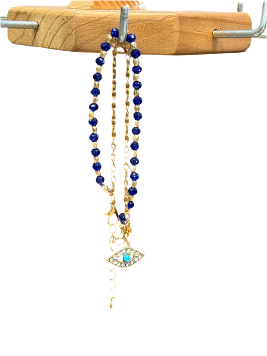 Blue and Gold Evil Eye Bracelet with Turquoise Stone, Adjustable Dainty Design.