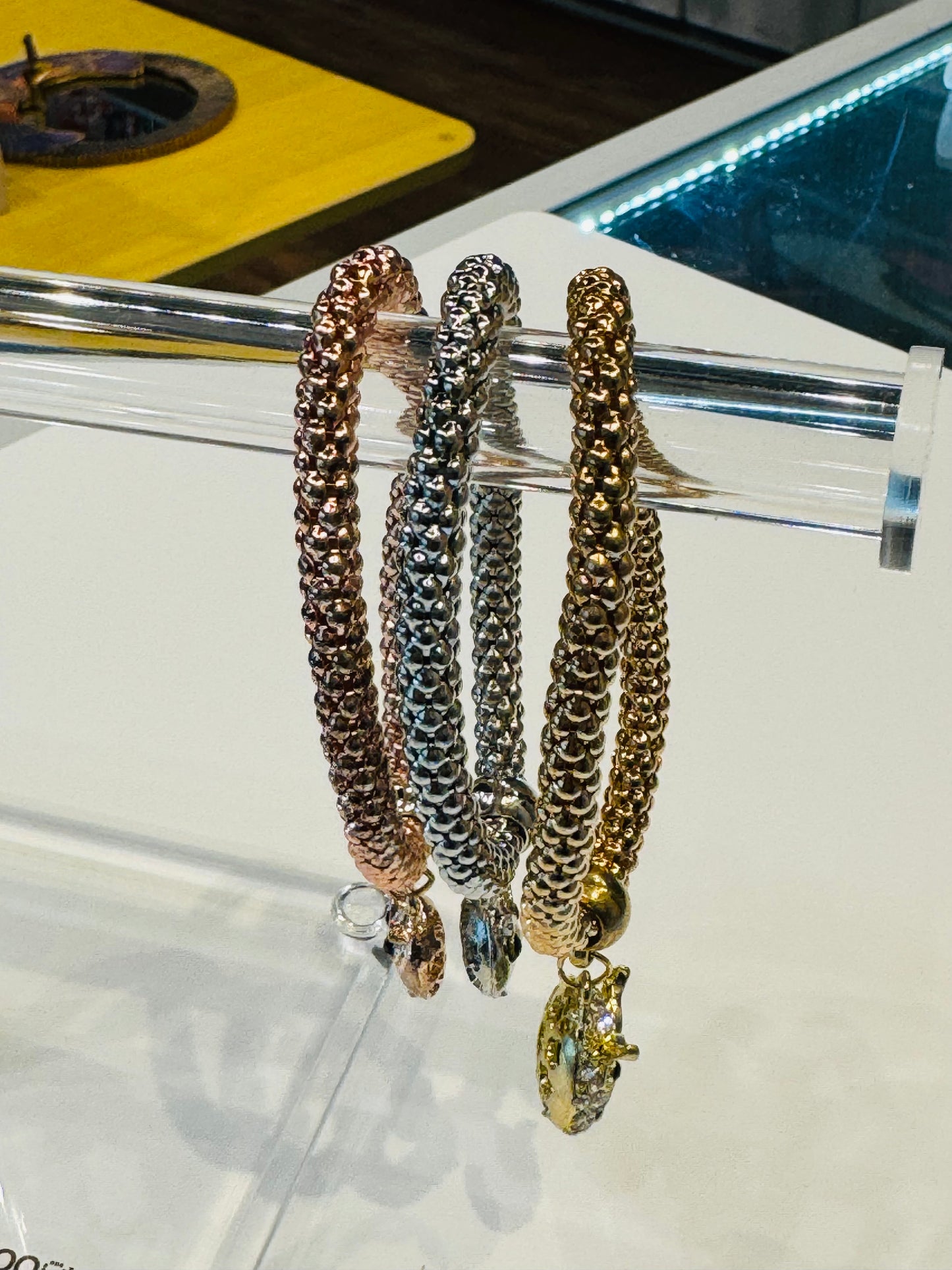 Fashion Jewelry Metal Mesh Owl Stretch Bracelet 3 Piece Set Gold, Rose Gold and Silver