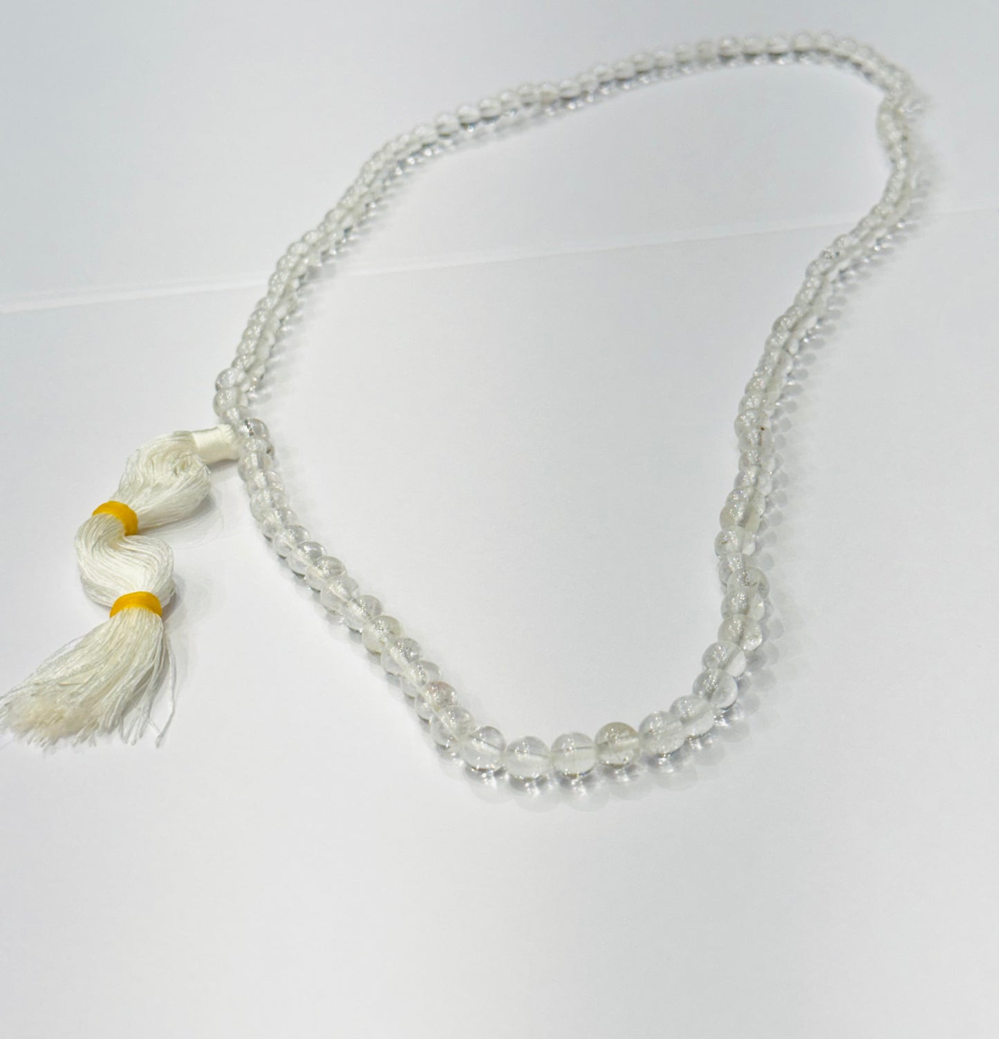 Japamala Genuine Prayer Mala Beads Clear Crystal Quartz with White Tassel