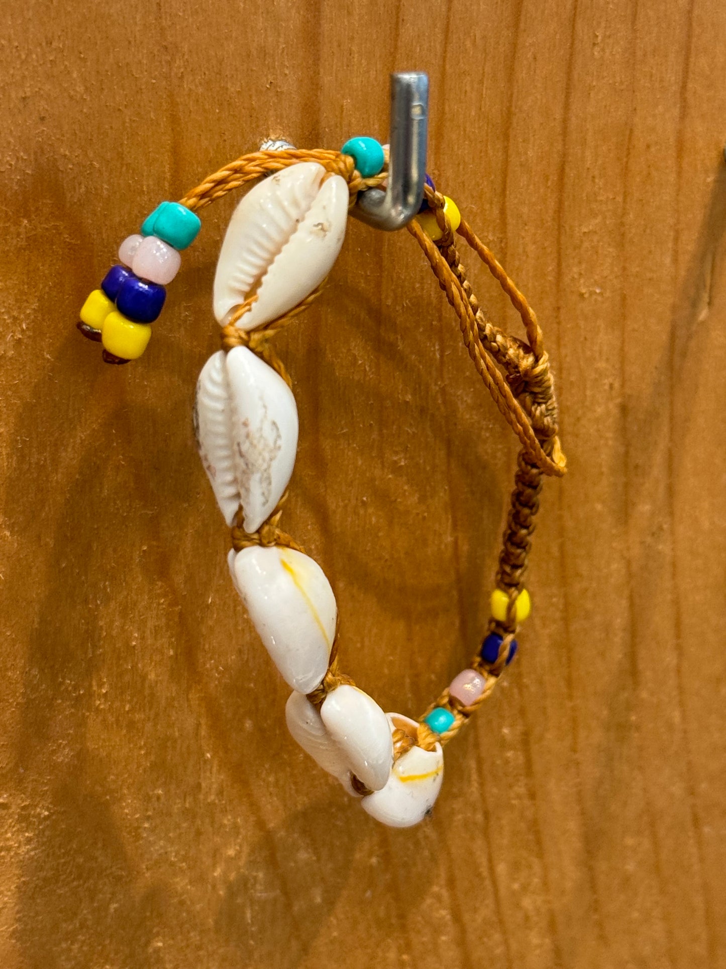 Handmade Tan String Bracelet With Cowrie Shells and Colorful Beads