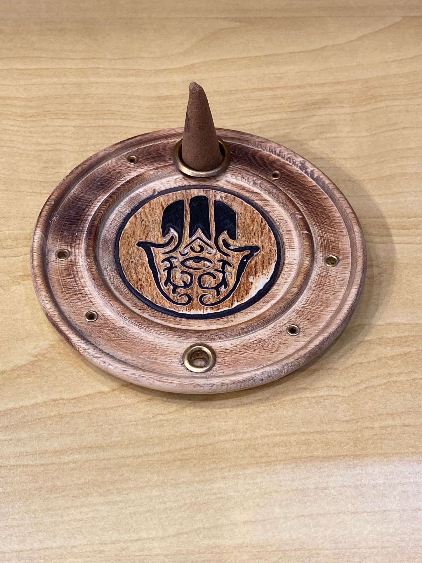 Wood Round Fatima Incense Cone and Stick Burner
