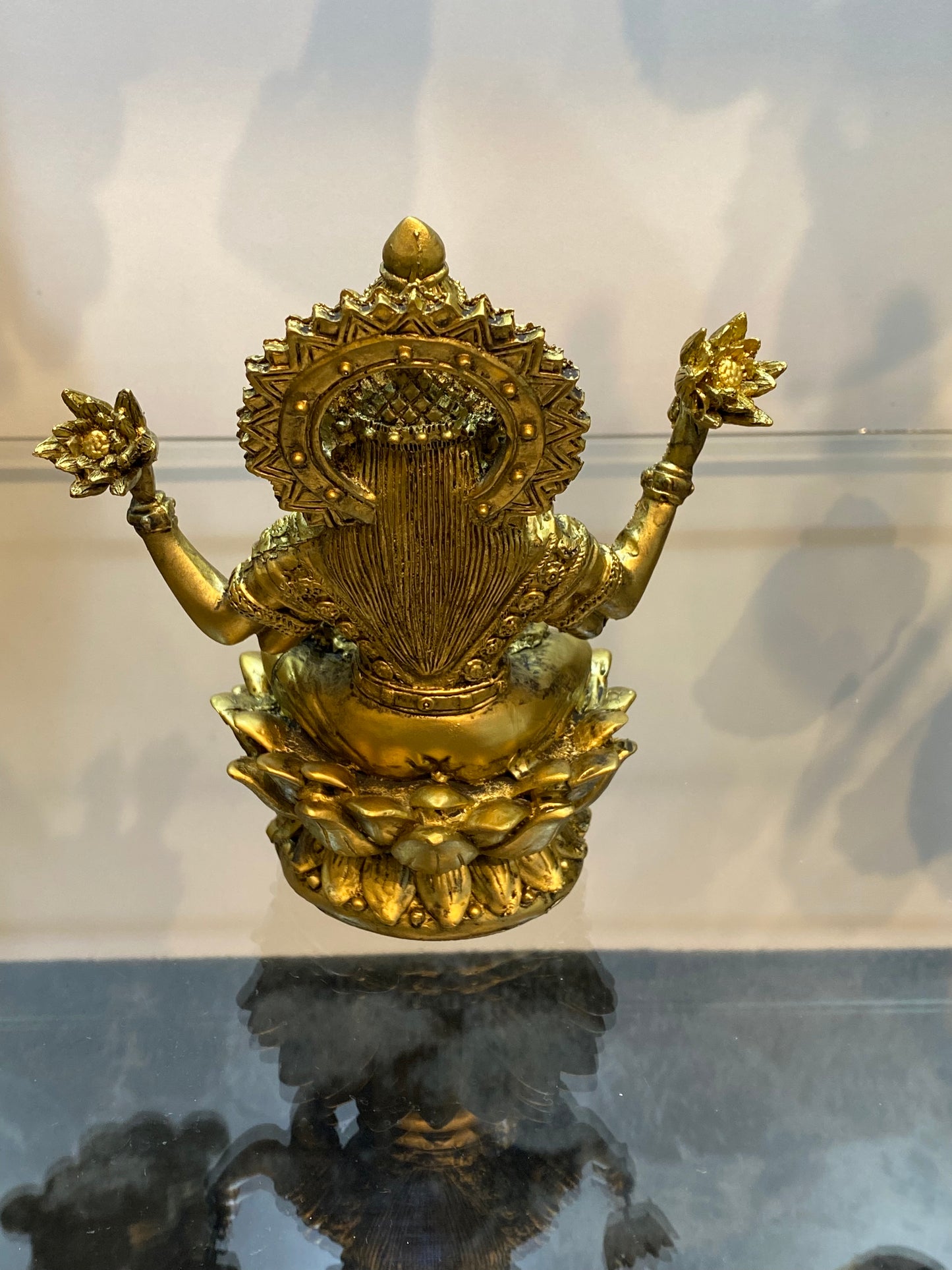 Goddess Lakshmi sitting on Lotus Raining Gold Coins Antique Golden Color