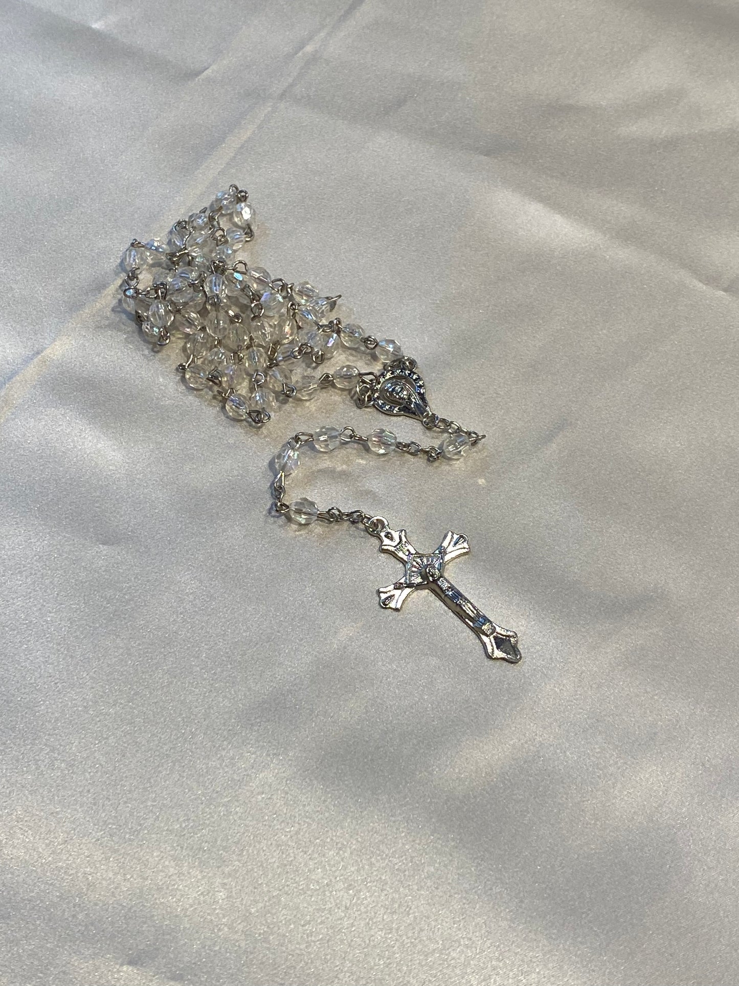 Mi Primero Communion Clear Glass Beaded Rosary Jesus Christ On Cross Silver Amulet