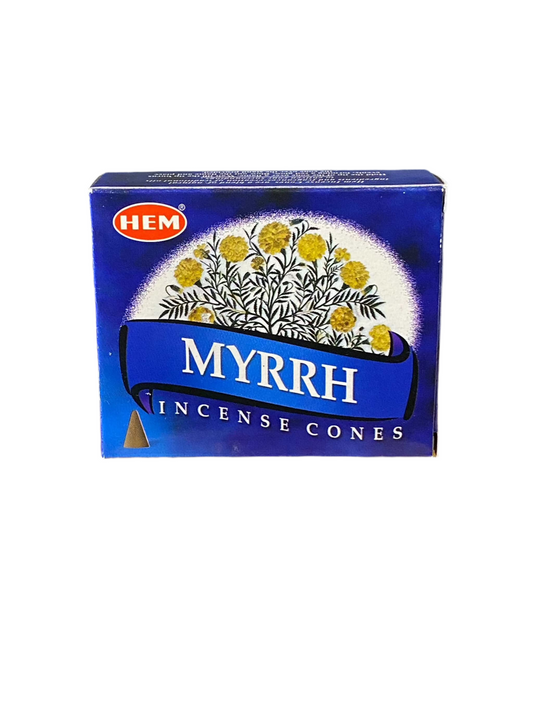 HEM Myrrh Incense Cones box with floral design and branding.