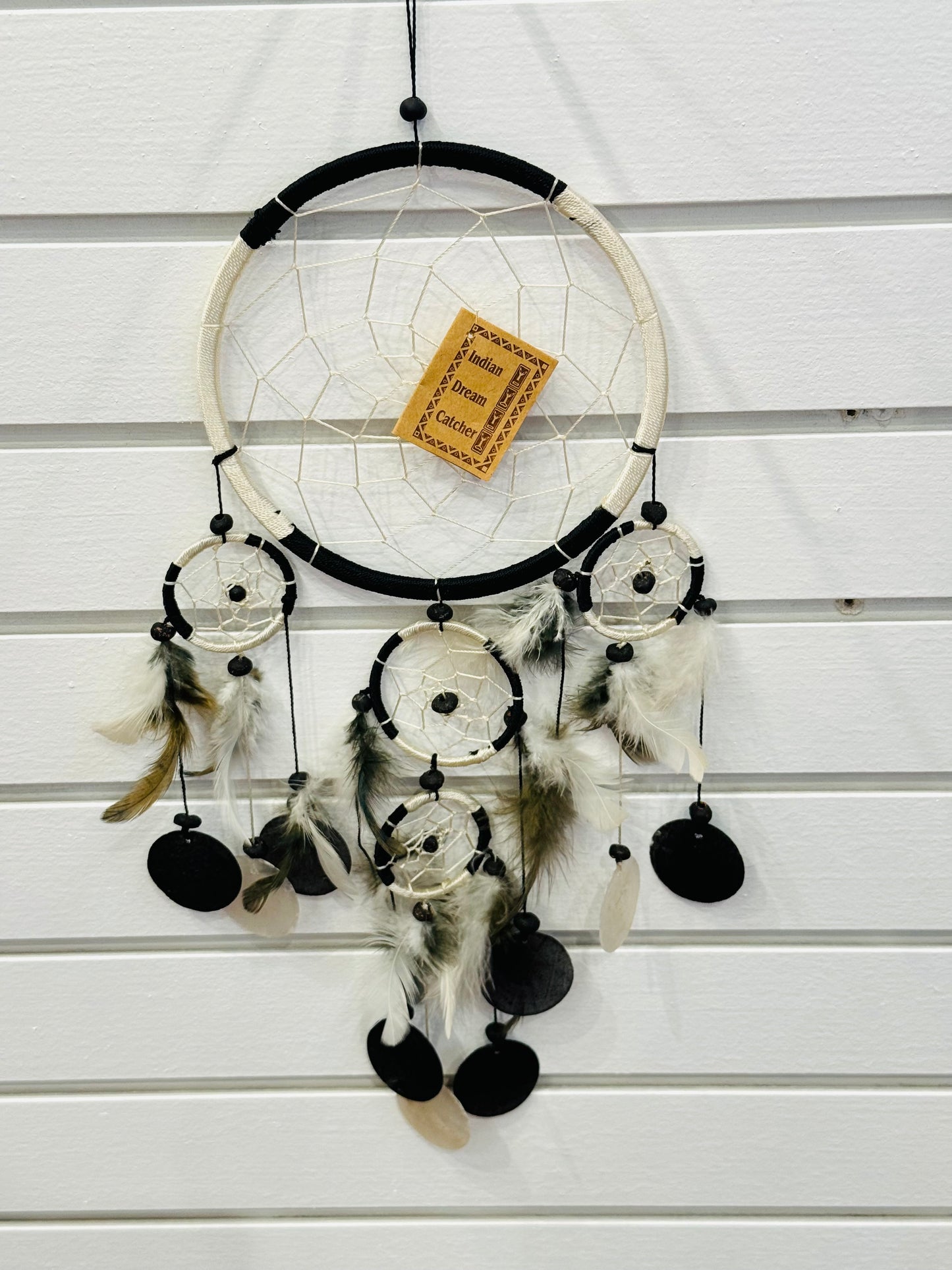 6" Black and White Dream Catcher with Feathers, Capis Shell and Beads