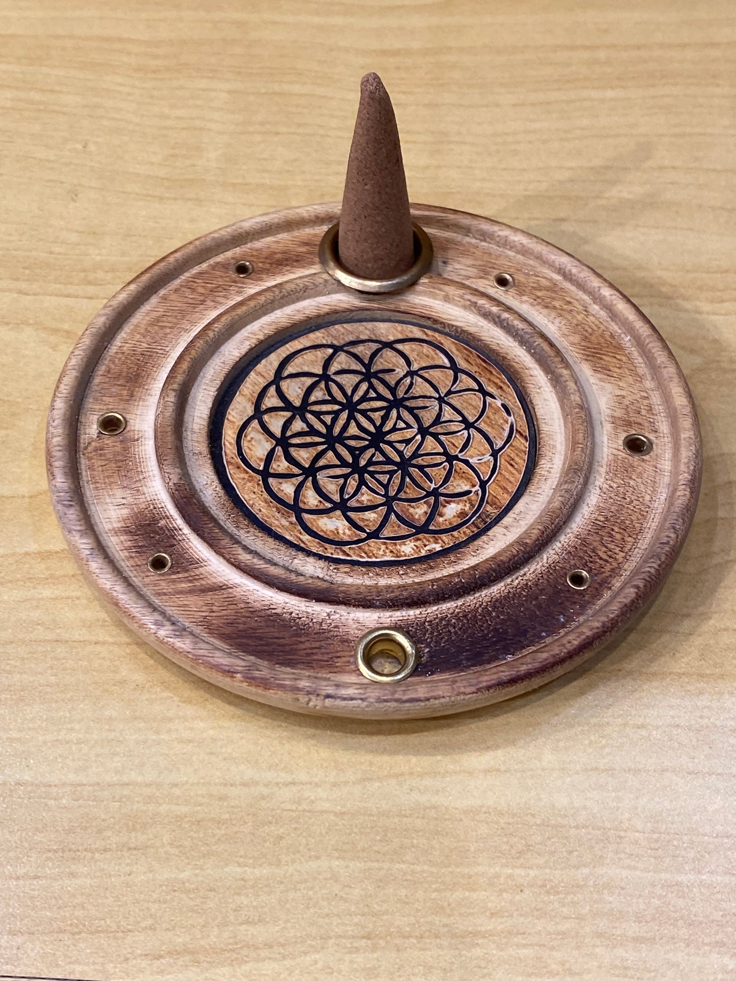 Wood Round Flower Of Life Incense Cone and Stick Burner