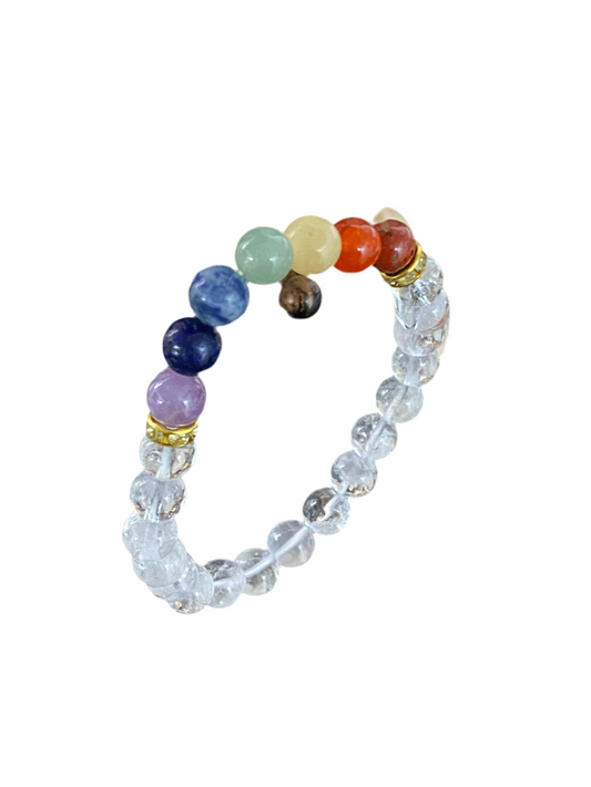 Clear Quartz Chakra Gemstone Bracelet with colorful beads for spiritual alignment and healing.