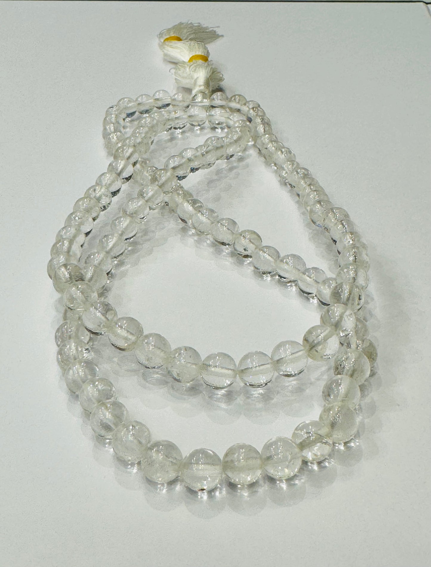 Japamala Genuine Prayer Mala Beads Clear Crystal Quartz with White Tassel