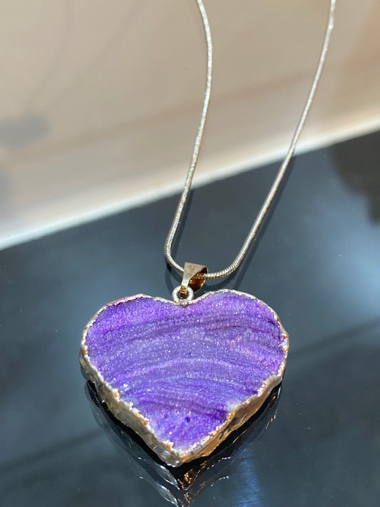 Purple Banded Agate Stone Silver Heart Pendant with Silver Plated Necklace