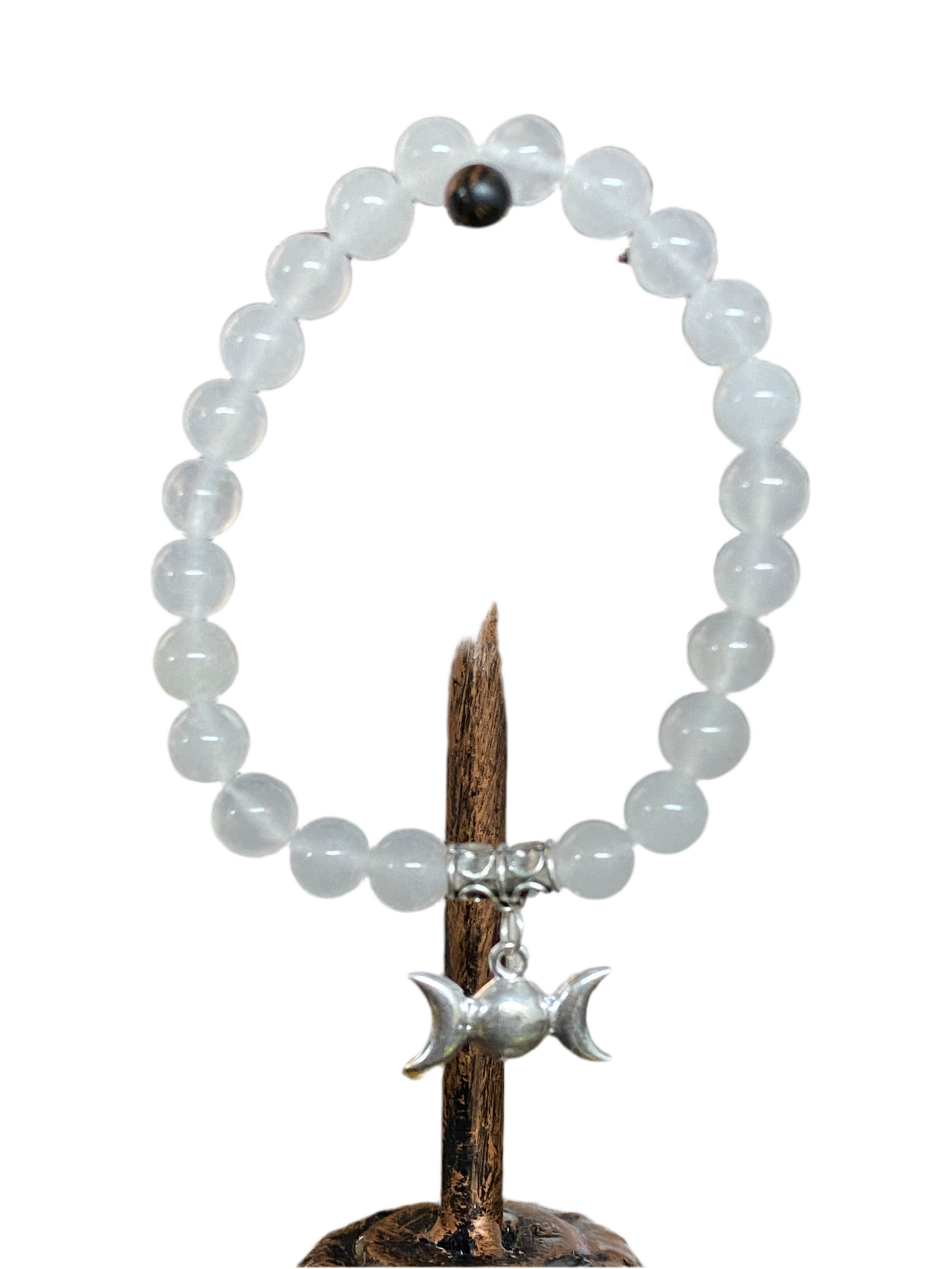 White Agate Gemstone Bracelet with Triple Moon Charm for balance and tranquility.