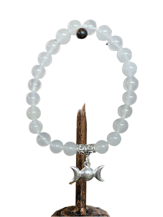White Agate Gemstone Bracelet with Triple Moon Charm for balance and tranquility.