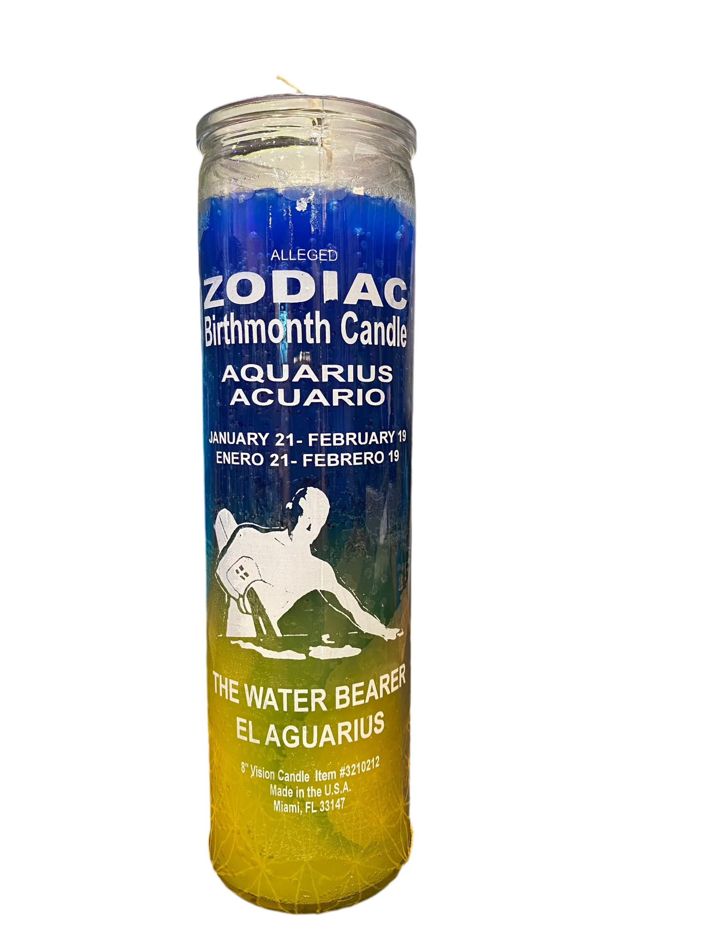 Zodiac Aquarius Candle 8-inch, Water Bearer design, Air Sign elements, Birth-month themed.