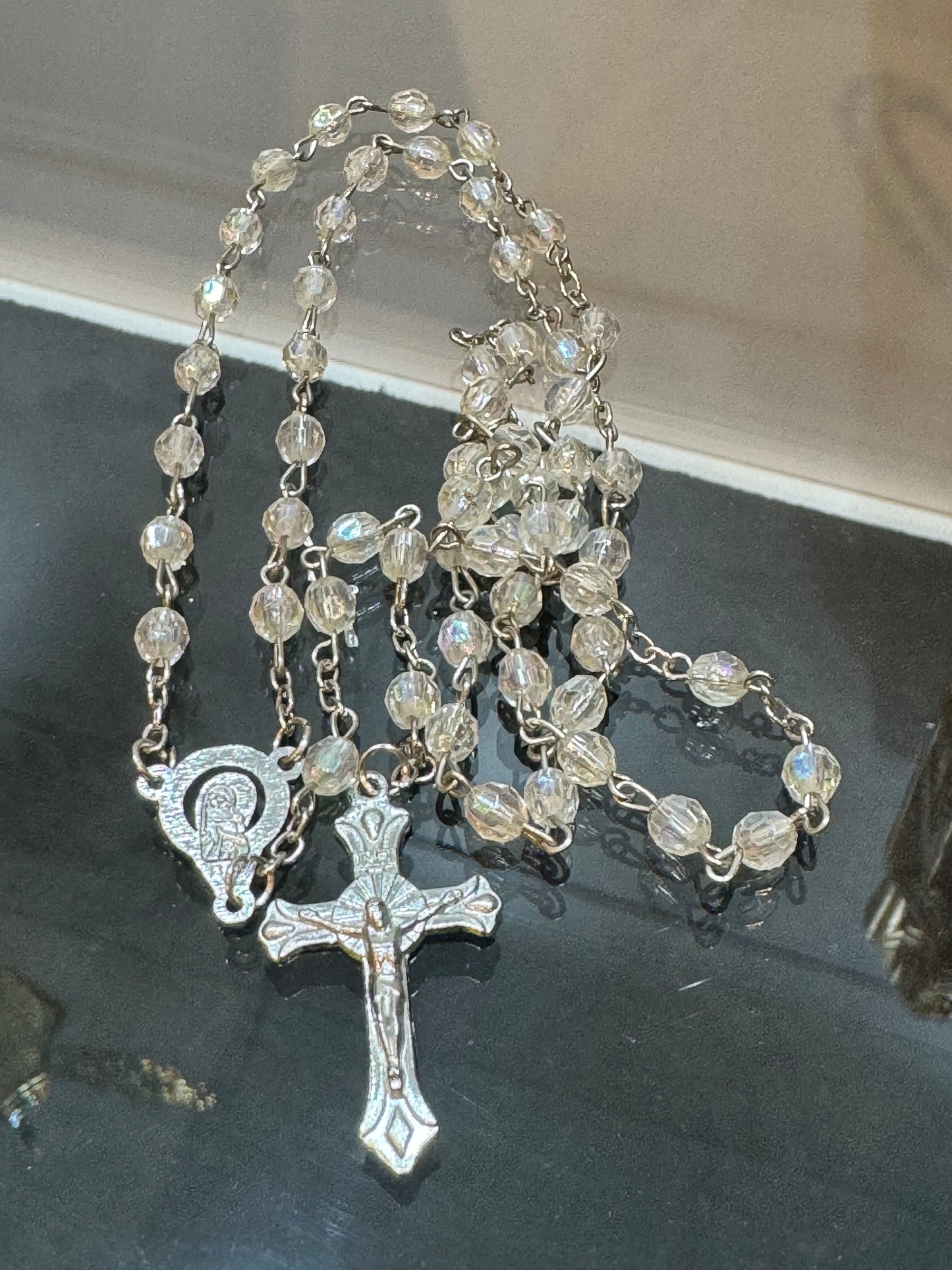 Mi Primero Communion Clear Glass Beaded Rosary Jesus Christ On Cross Silver Amulet