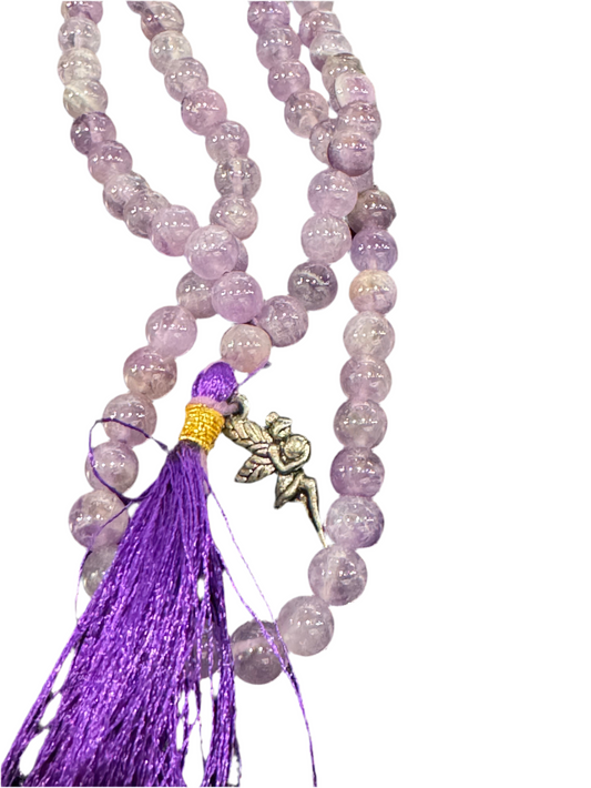 Amethyst Prayer Mala Necklace with Fairy Charm and Purple Tassel