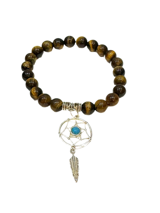 Tiger Eye Gemstone Bracelet with Dream Catcher Charm, featuring warm golden-brown stones and spiritual charm for protection and focus.