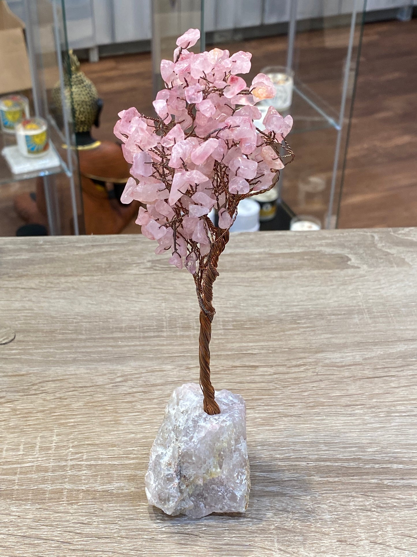 Gemstone Crystal Rose Quartz Copper Wire Tree on Clear Quartz Cluster