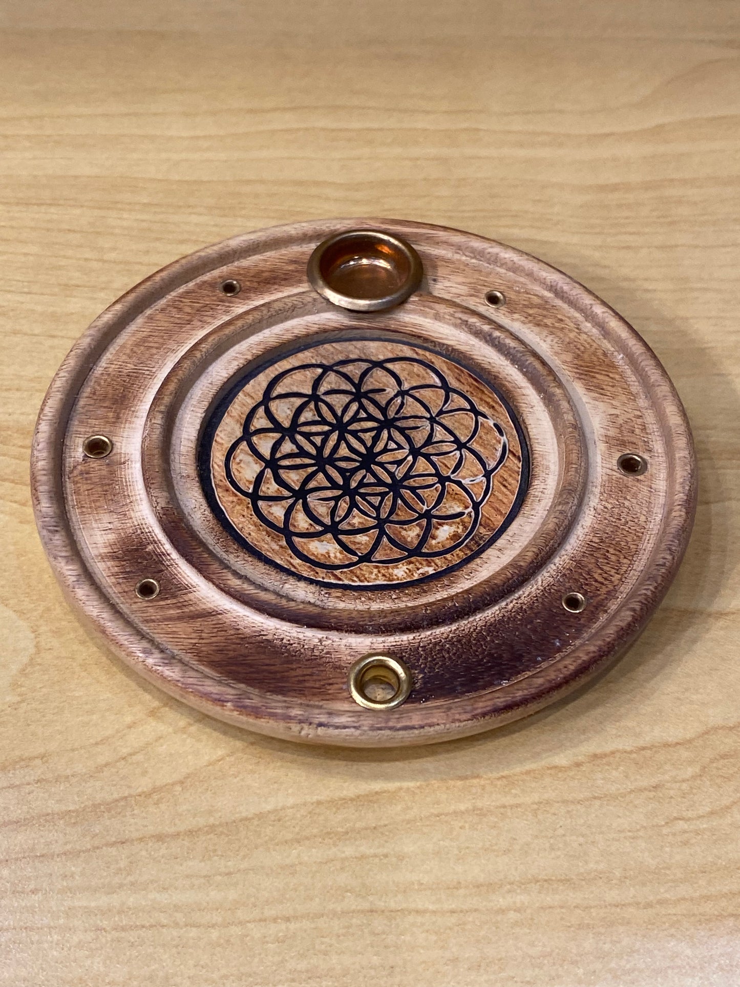 Wood Round Flower Of Life Incense Cone and Stick Burner