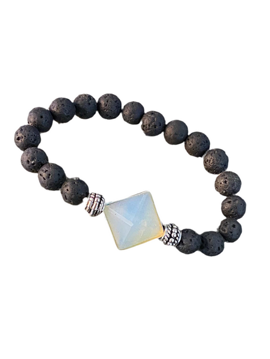 Lava Rock Gemstone Bracelet with Opalite Pyramid for grounding energy and aromatherapy.