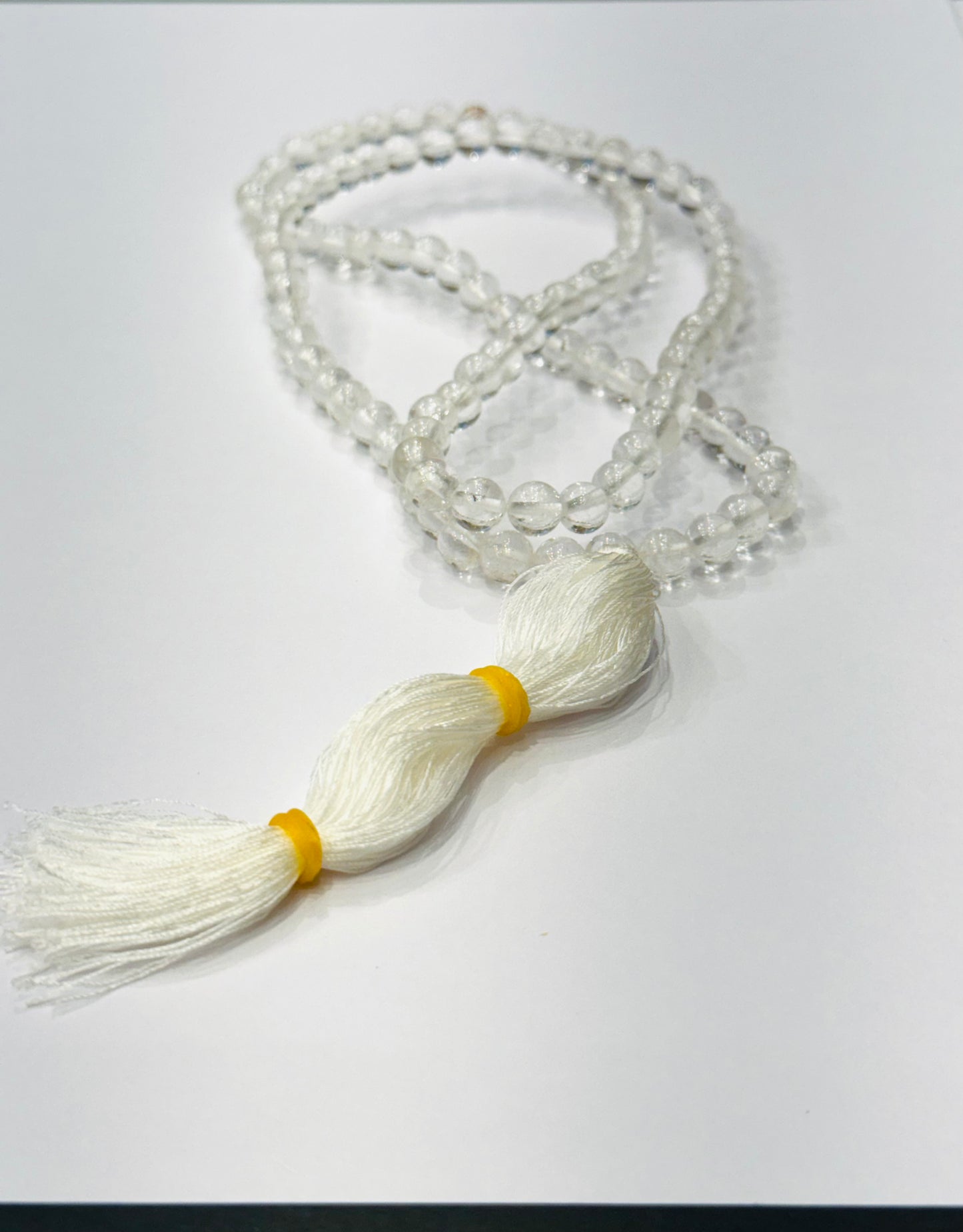 Japamala Genuine Prayer Mala Beads Clear Crystal Quartz with White Tassel