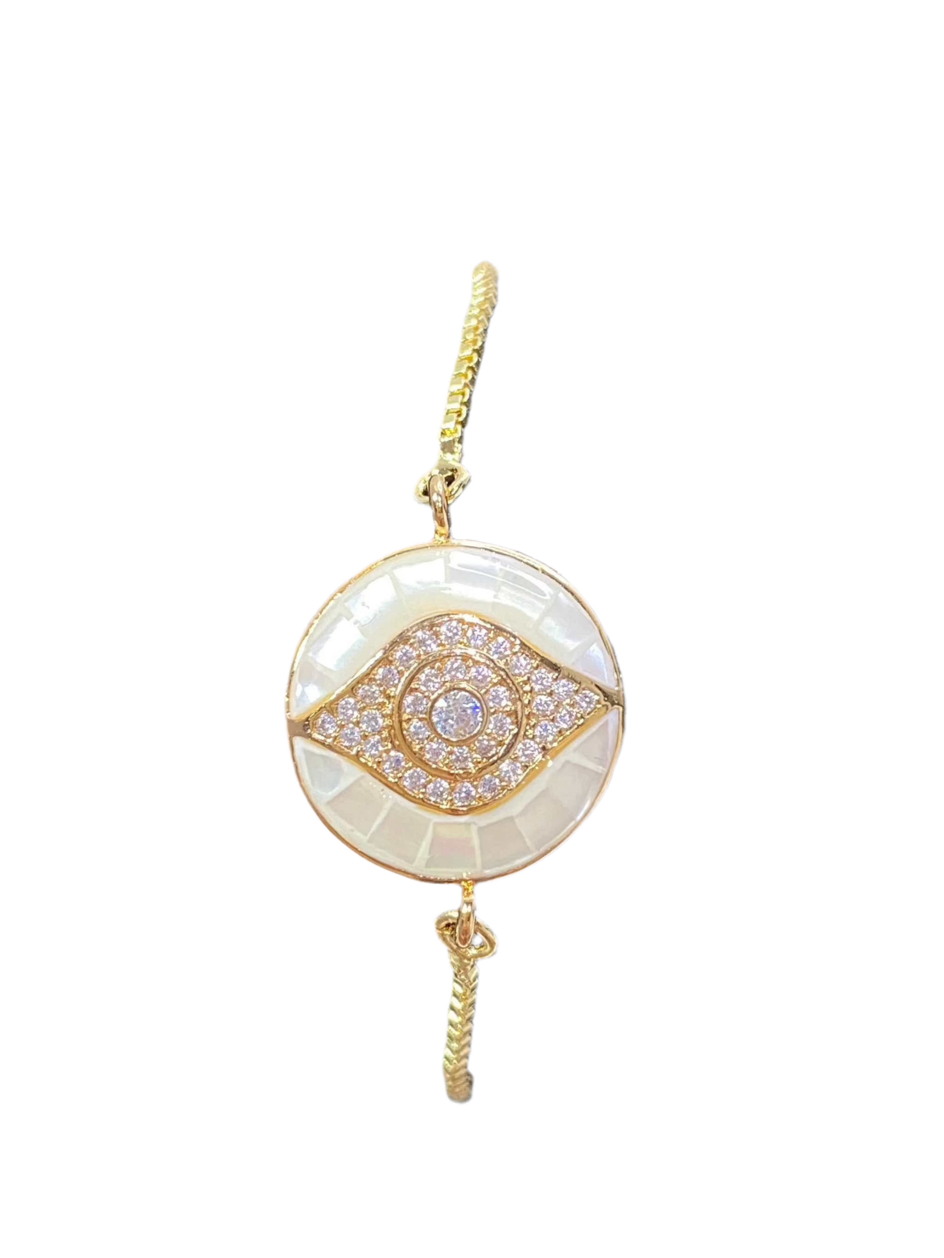 Mother of Gold Pearl Evil Eye Dainty Bracelet with gold accents and protective design.