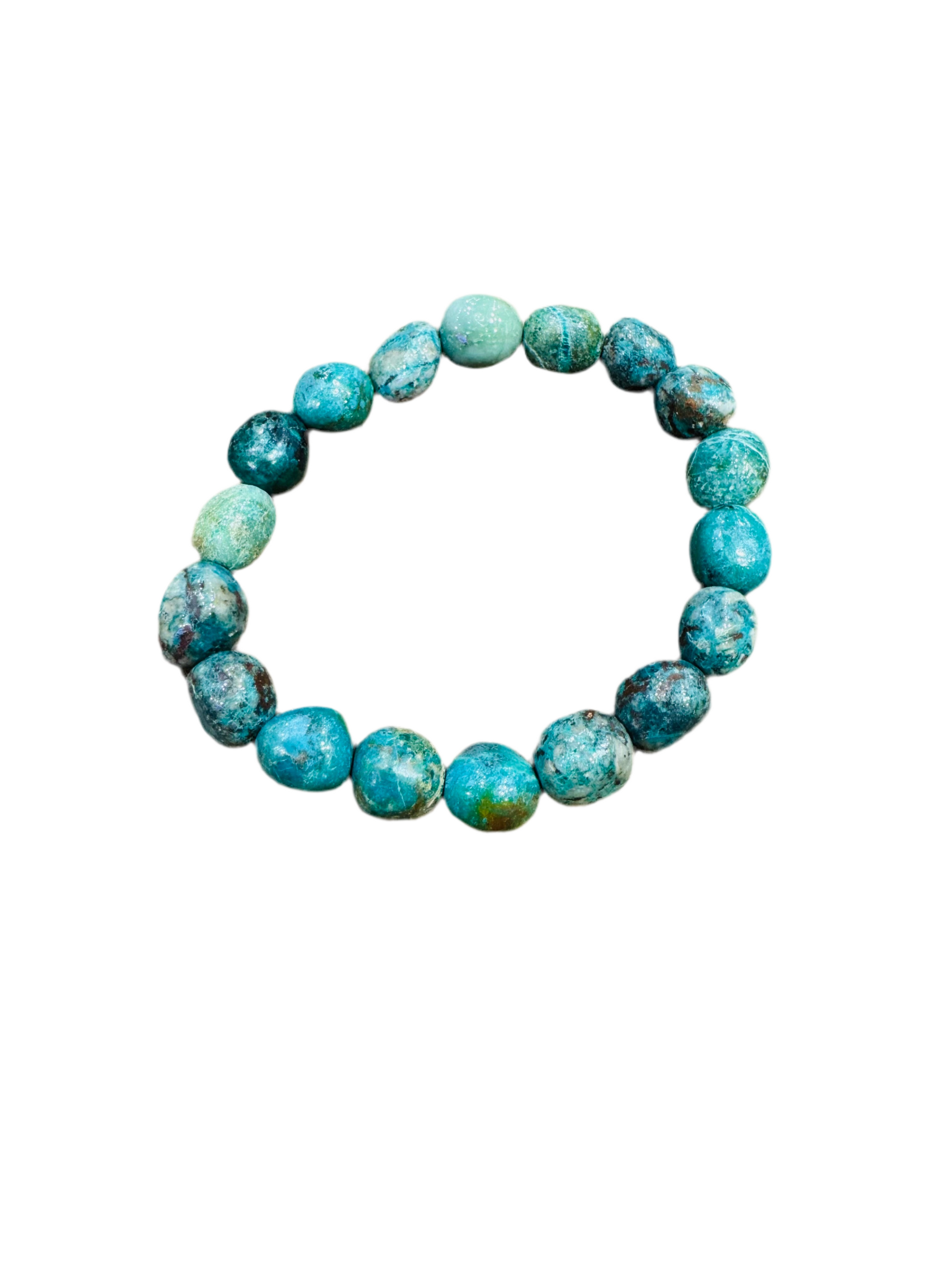 Chrysocolla beaded string bracelet with 8mm stones for harmony, strength, and wisdom.