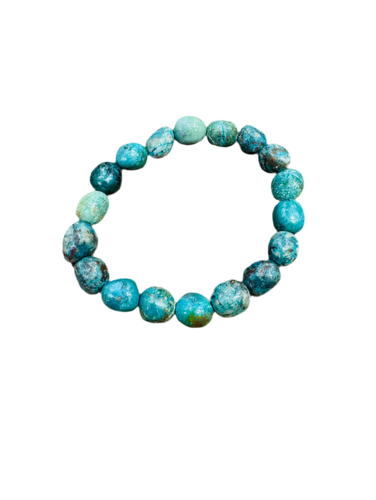 Chrysocolla beaded string bracelet with 8mm stones for harmony, strength, and wisdom.