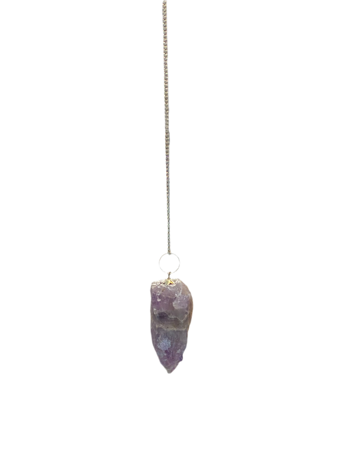 Natural Amethyst Pendulum Raw with Chain hanging.