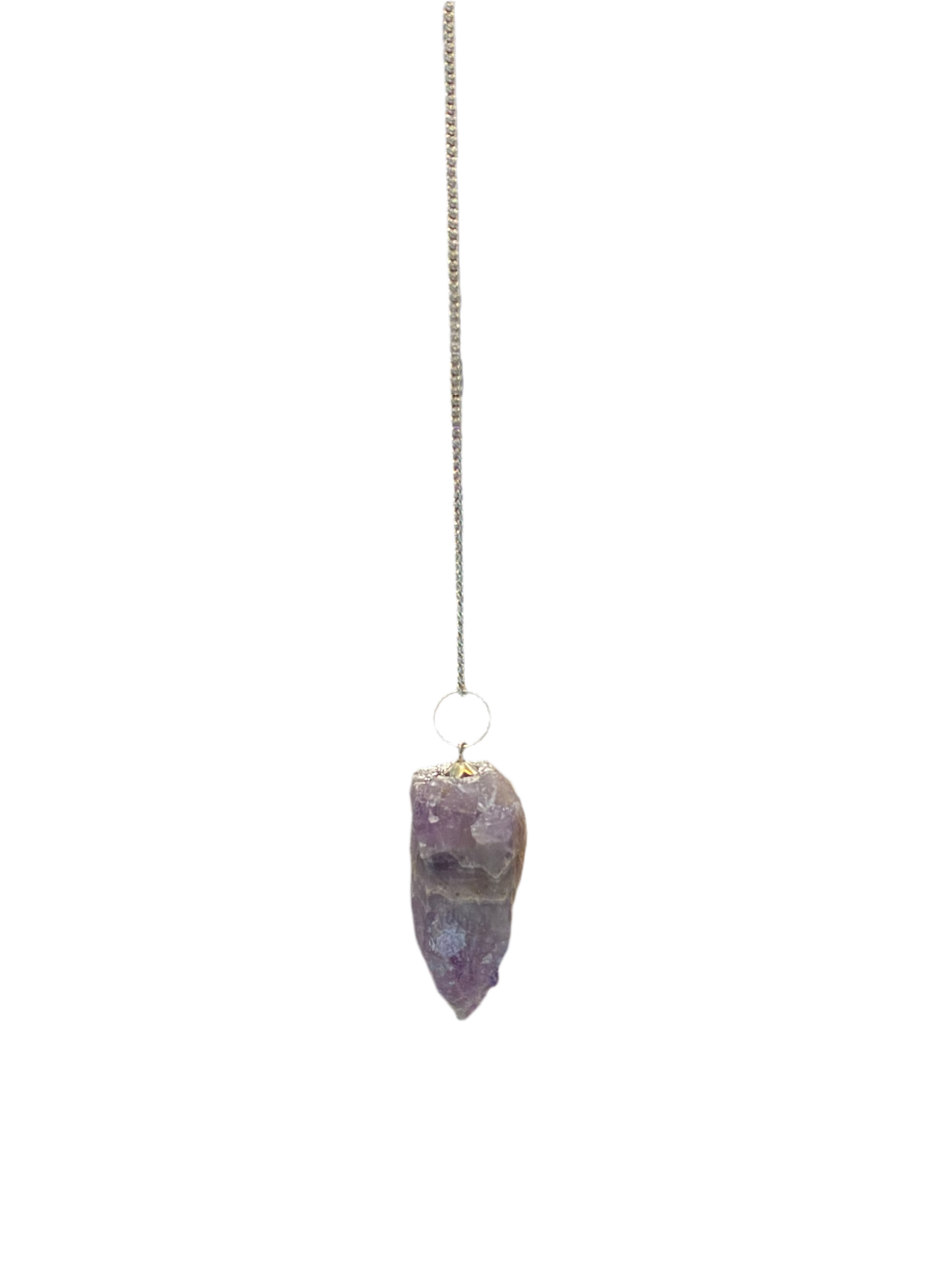 Natural Amethyst Pendulum Raw with Chain hanging.