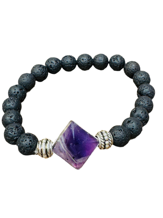 Lava Rock Gemstone Bracelet With Amethyst Pyramid featuring lava rock beads and an amethyst pyramid centerpiece.