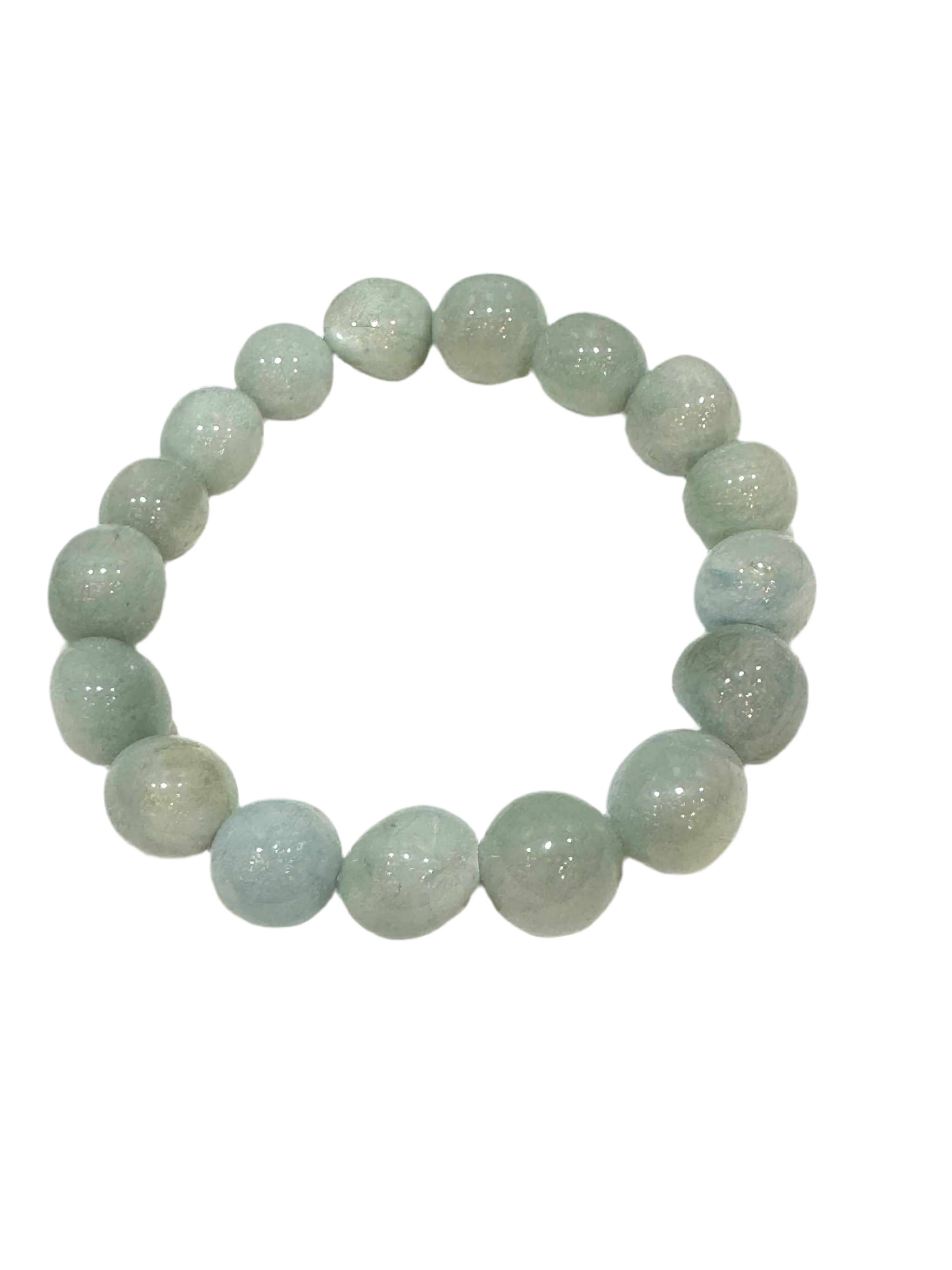 Aquamarine beaded bracelet with polished 10mm blue beads on elastic cord for serenity and style.