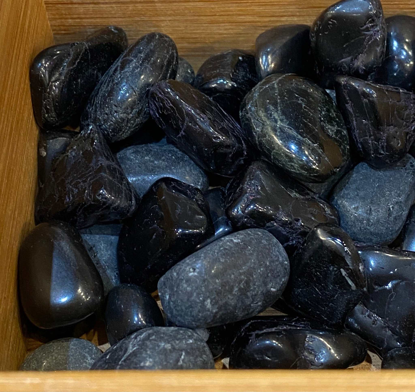 Black Tourmaline Crystal Tumbled Stones in Wooden Box
